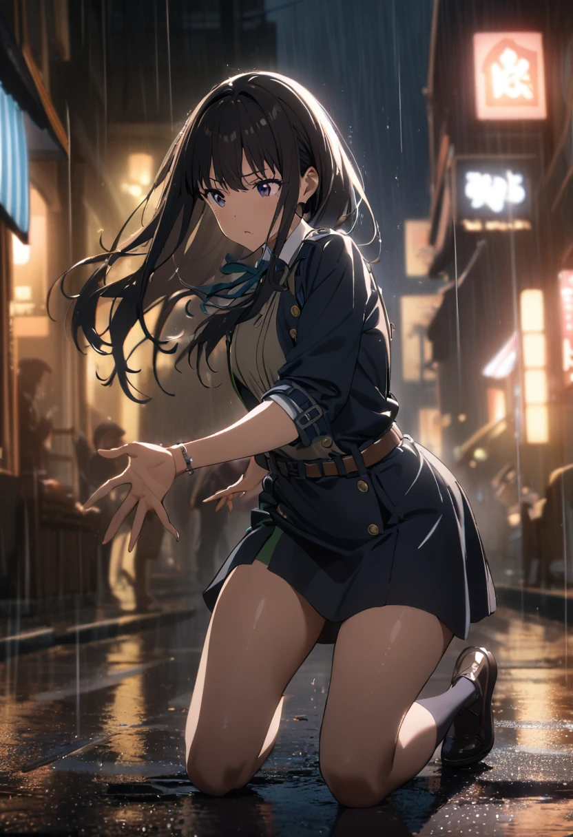 1girl, inoue takina, lycoris recoil,  cinematic lighting, dramatic pose, rainy night street,masterpiece, best quality, absurdres,