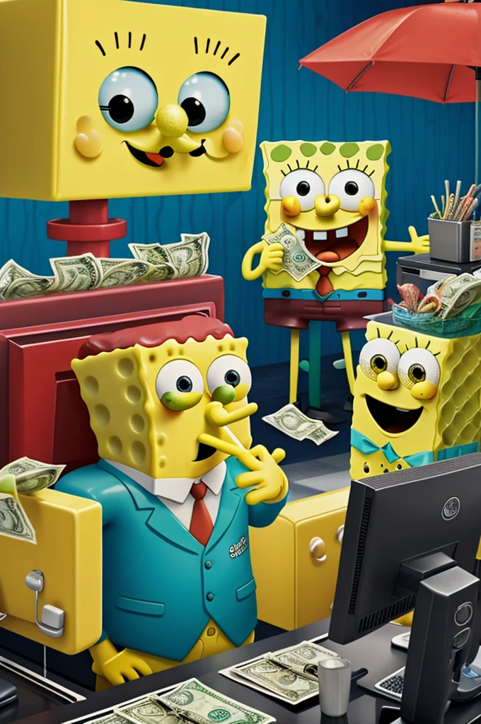 Create an image of Spongebob smoking cigarettes in the krustacio kaskarudo , squid do at the cash register , Mr. Crab in the background counting money , on a rainy and gloomy day