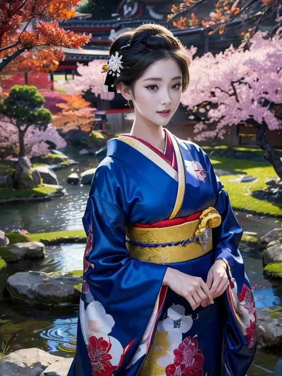 (Highest quality、 8k 、masterpiece、High resolution)、 Japanese painting、Vibrant colors、A woman wearing a kimono、Ample breasts、(Highly detailed face and eyes,Beautiful Face,Beautiful Eyes,Beautiful nose,Pretty lips)、Dynamic painting technique、Japanese garden、Autumn scenery、autumn leaves、Night Sky、moonlight、Detailed Description、