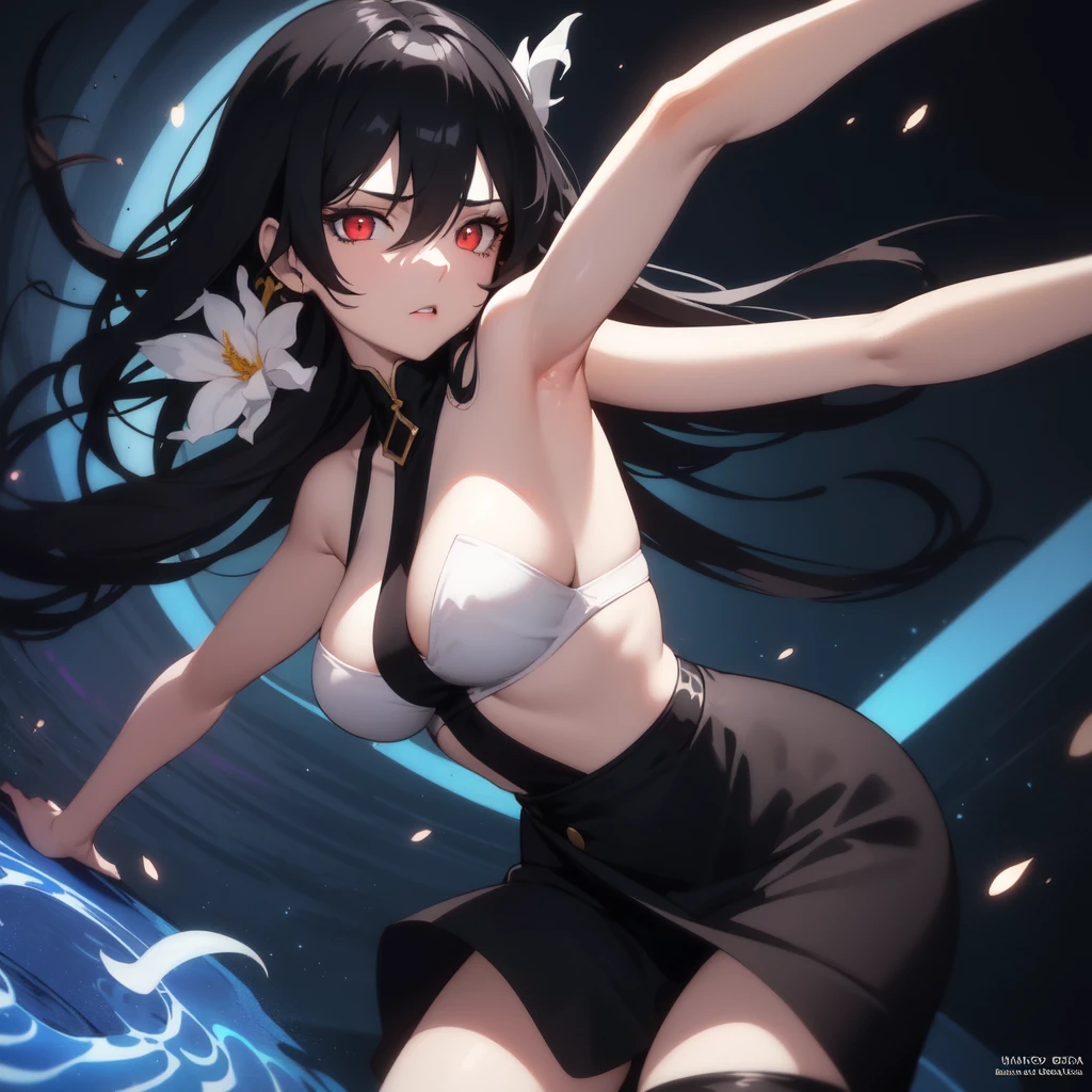 (masterpiece, Best quality, ultra detailed, best shadow), (detailed background,dark fantasy), (beautiful detailed face), high contrast, (very gentle and beautiful), ((cinematic light)), colorful, hyperdetailing, (1 girl, black hair, Sharp face, Red eyes, hair between eyes, Dynamic angle), (swirling black light around the character:1.5), depth of field, Black light particles, vampire, character stands on the water, without tights, black dress, black panties, hands on waist, (Detailed hands, detailed armpits)