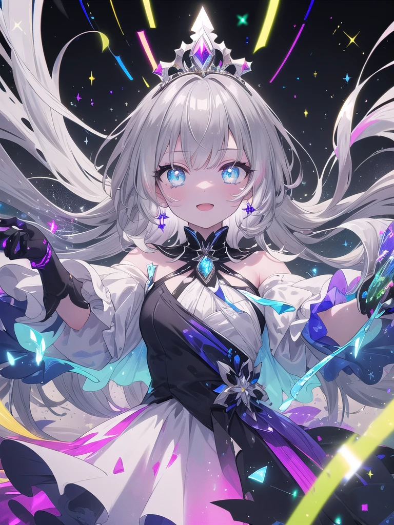 ((8k, best quality, master piece: 1.3)),super high resolution,(1 girl, solo), (colorshift eyes, hyperdetailed, expressive eyes)),((high contrast RGB effect, LED effect, kaleidoscope effect, sparkling effect, ripple effect, glitter RGB effect), glowing eyes, ultra detailed eyes, complex eyes, beautiful eyes, ultra-detailed face, random hair, ((silver gray color)), Ecstatic expression, Princess dress, chiffon, satin, pink, white, tiara, gloves, Magical cave, blue, purple, gold, dark and magical glow