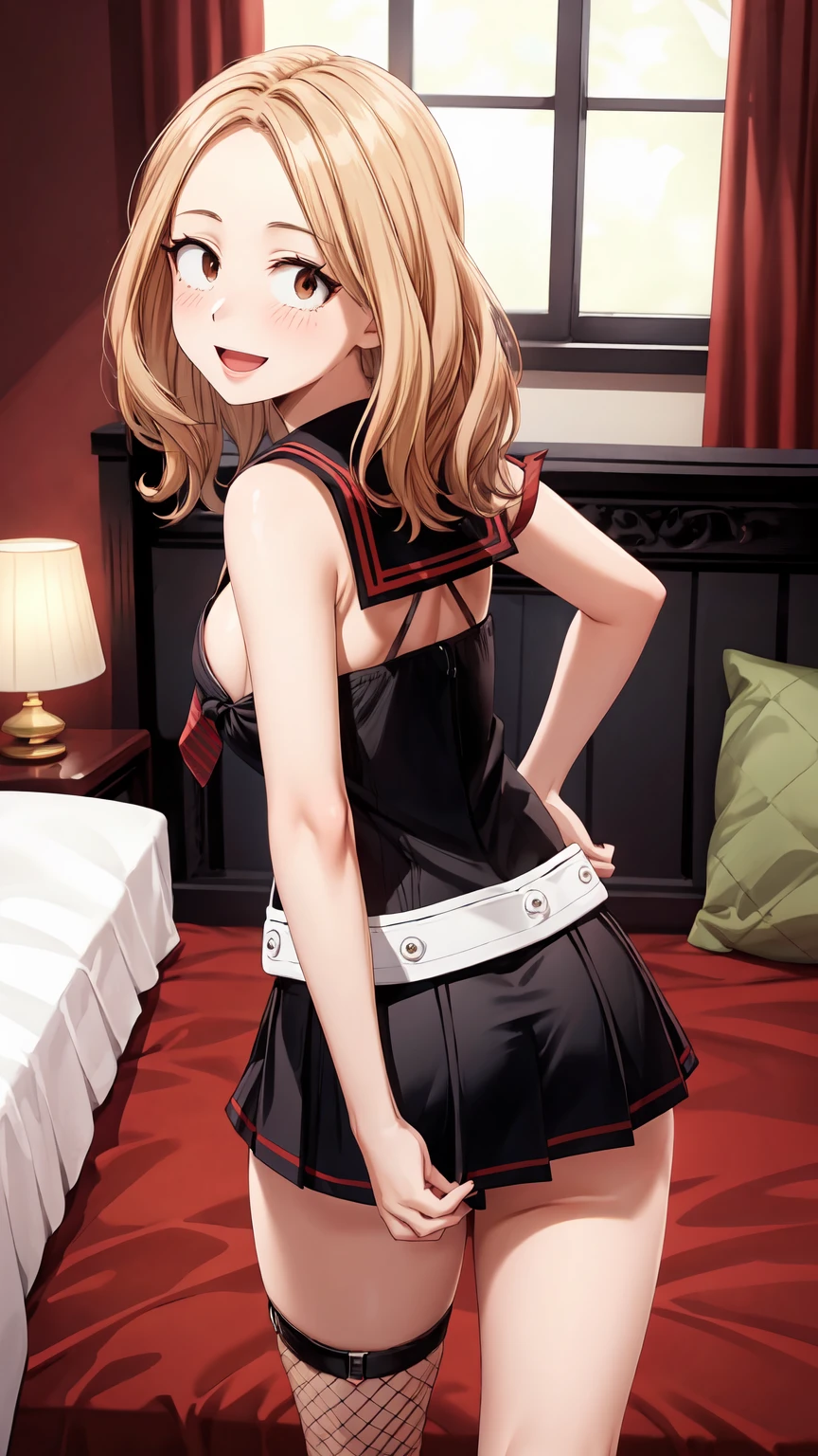 Masterpiece ,best quality , high resolution , ultra detail , (look back , from behind , back view) , (wide angle , ultra detail eyes , perfect face , ultra detailed hair and face) , (1 girl solo:1.3) , (Camie , brown hair , brown eyes) , (wear sailor , tie , miniskirt , fishnet stockings , Fishnet socks) , (standing:1.25) , (sagging Neckline, low cut) , 手链, thigh strap ) , (cleavage:1.3) , (medium breast:1.3) , ( full face blush , shy , smile , open mouth) , (indoor, bedroom, windows , bed )