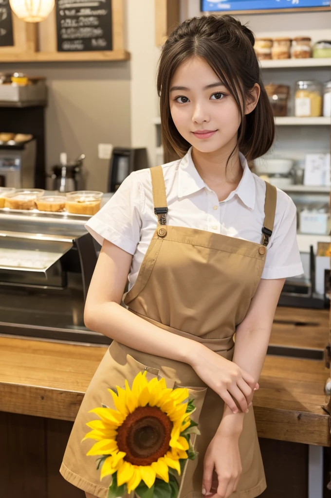 20 years old girl (Japanese cute face) is wearing mini skirt and white apron and working at the cafe with sunflowers