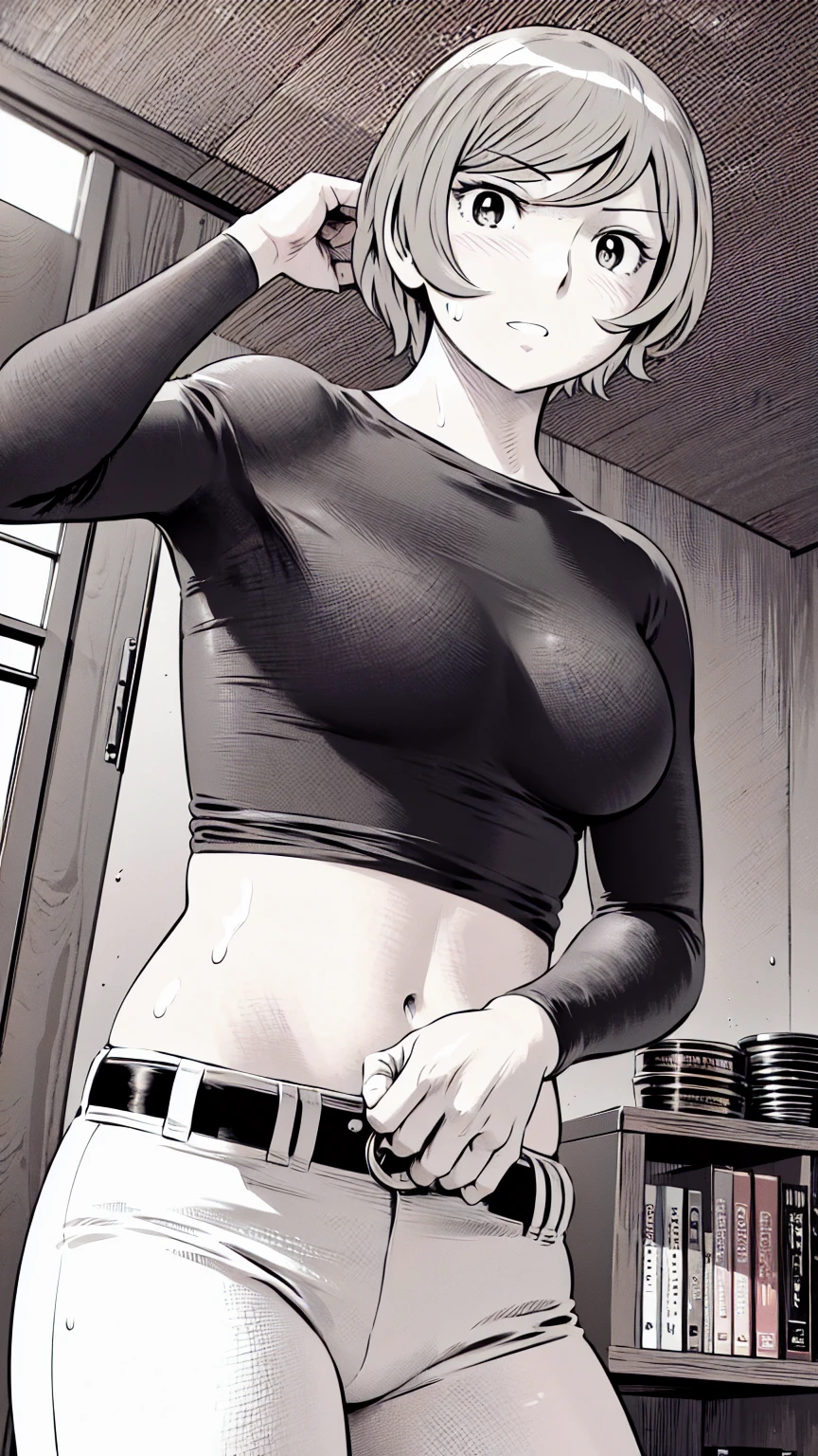、(masterpiece、Highest quality)、Highest quality, Ultra-high resolution, (((masterpiece))), alone, Sweat、Big eyes,Tight black shirt、 pants、belt、indoor、Composition from the front、(Cut the back hair short、short hair、blonde、woman)、Shortcuts、Embarrassed face、Cut your hair short、可愛いwomanの子、Big Breasts room、Full Color、Baseball uniform