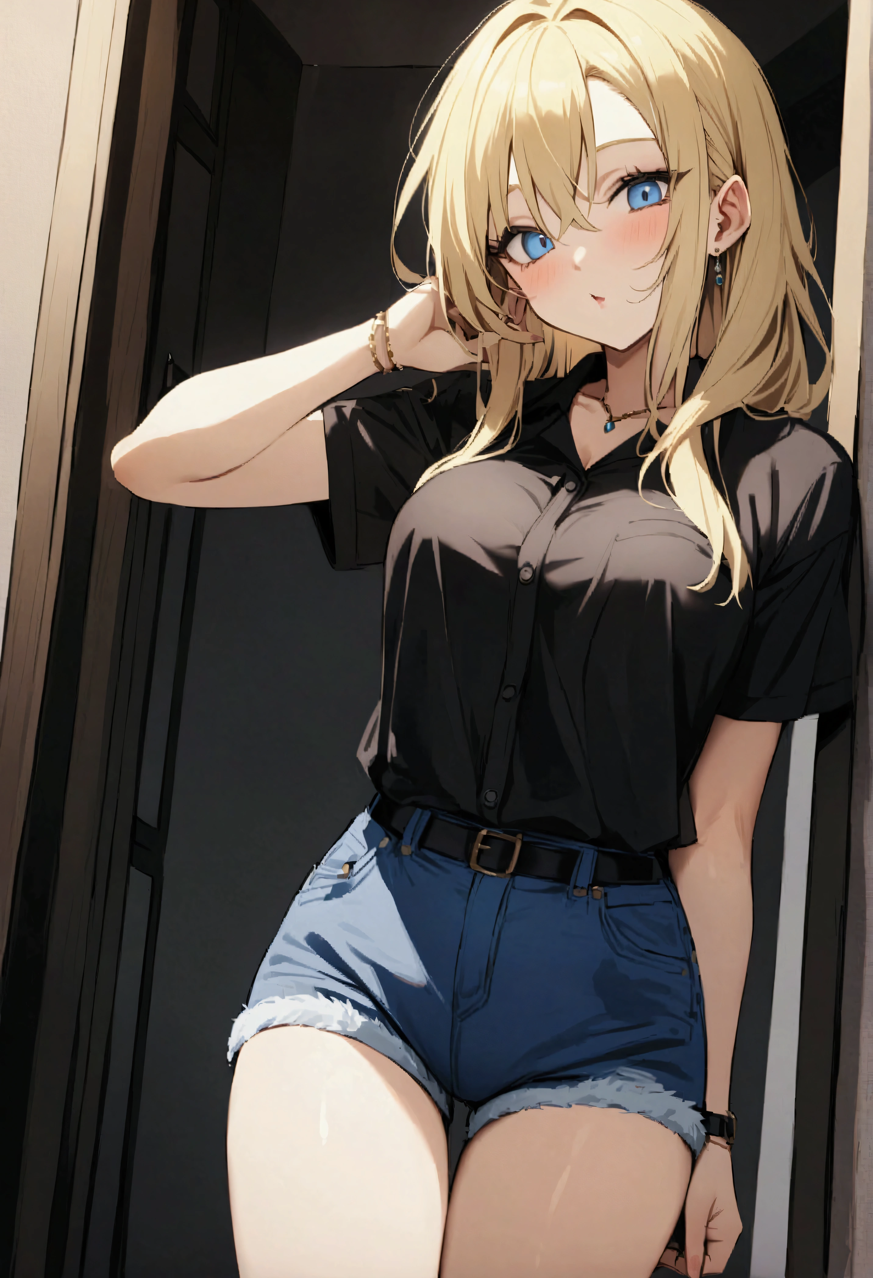 zPDXL2、score_9、score_8_up、score_7_up、source_アニメ、Exquisite detail、Perfect Anatomy BREAK One Girl、
Artificial Human Room No. 18（Dragon Ball:0.8）、Blonde、Medium Hair、blue eyes、Denim shorts、
Bone-shattering excitement、
