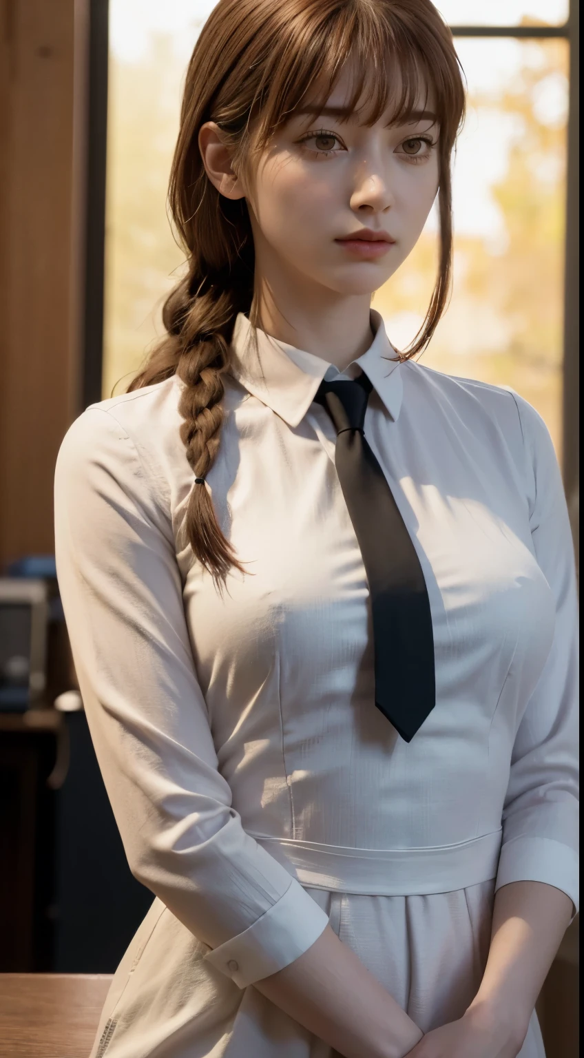 (best quality, master part, fullcolor, Dynamic angle, highest detailed) upper body photo, glad, (Makima, chainsawman), handsome fashion photography (red long hair) Kizi (Stunning mature woman), ((Massive medium breasts)), High Dress Up Detailed Office Makima Suit, white shirt black tie(high resolution textures), in doggy pose, bokeh, (details Intricate, hyperdetailed:1.15), circunstanciado, sunlight passing through hair, office background, (offcial art, extremely detaild, highest detailed),