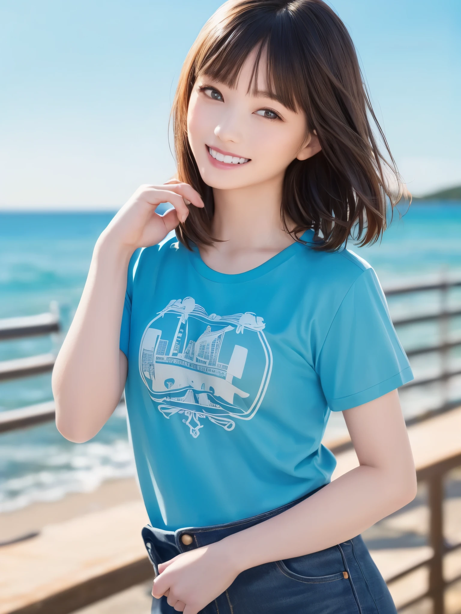 (Highest quality、8k、32K、masterpiece)、(Realistic)、(Realistic:1.2)、(High resolution)、Very detailed、Very beautiful face and eyes、1 girl、Round and small face、Tight waist、Delicate body、(Highest quality、Attention to detail、Rich skin detail)、(Realistic、Realistic:1.37)、Bright colors、(((One female)))、(((Cowboy Shot)))、(((Wide blue sky)))、(((Medium Hair)))、(((Fair skin)))、(((seaside resorts)))、(((smile)))、(((Teeth are visible)))、(((Wear a T-shirt)))、(((Touch your chin with your right hand)))、(((Light blue T-shirt)))、(((Clothes with English print)))、(((I can see the horizon)))