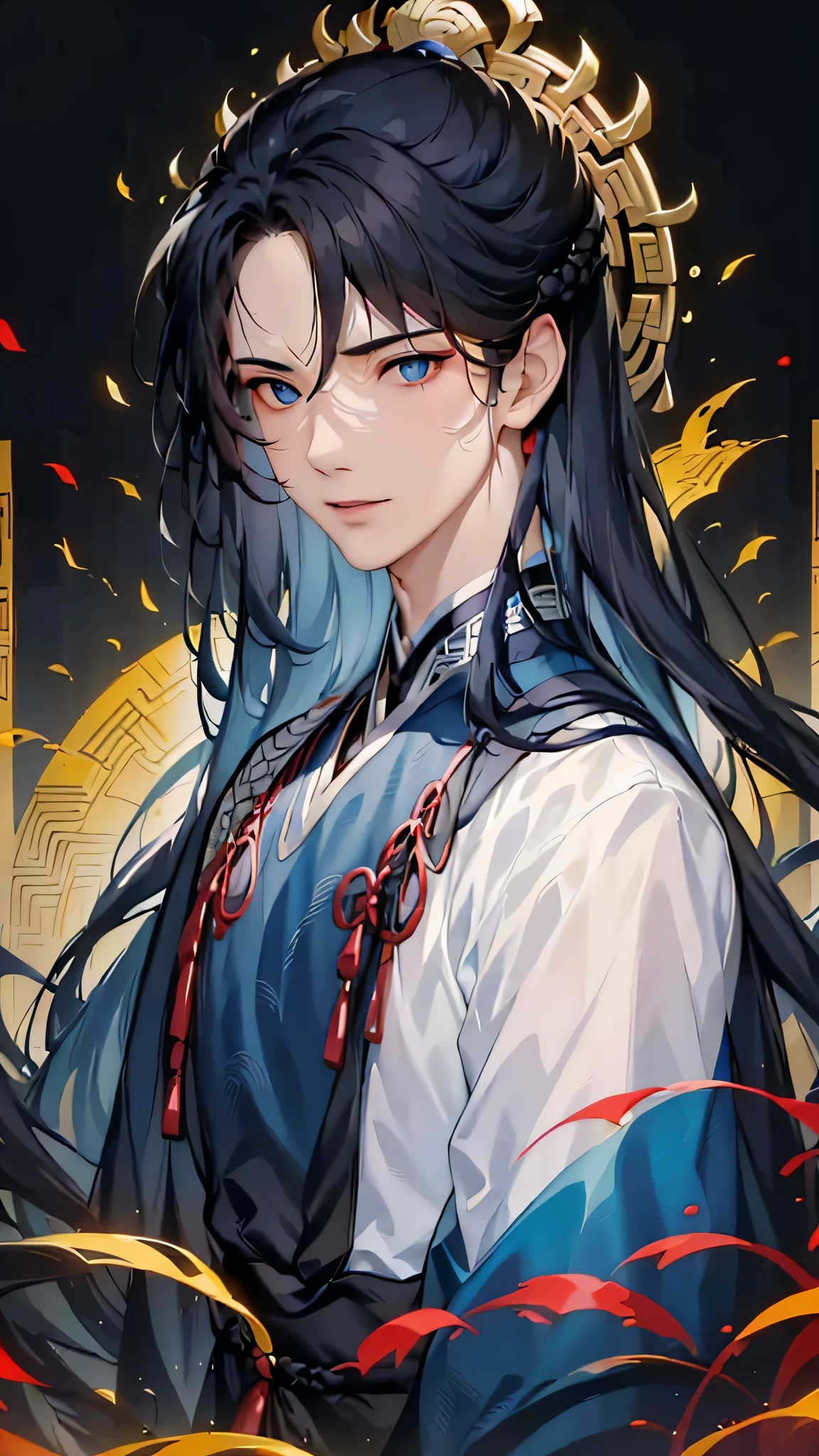 (Extremely refined:1.2), 8k, (masterpiece, best of:1.0), , (长of_Dark One_hair_male:1.5), upper body, along_hair man, Cool and attractive, of_gauze, Wearing open-collared Hanfu, Half naked_chest and the complexity of details, and the complexity of details, Finely ((Perfect symmetry of eyes:1.5)) And delicate of face, Perfection of eyes, Equality of eyes, Wonder of Lighting and Shadows、white room background、 Uses backlight and rim light