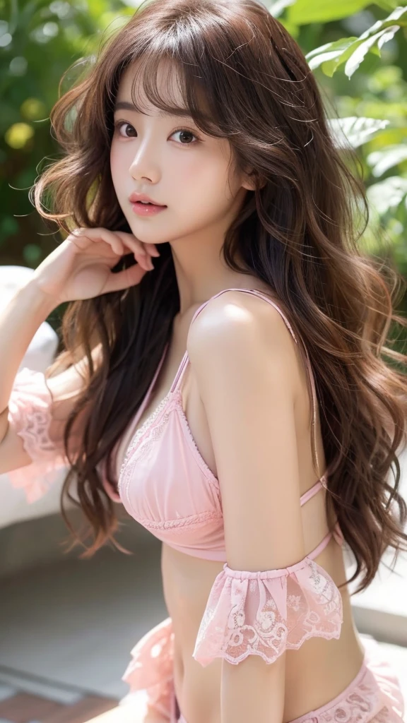 Realistic Light、Natural light、White background、Highest quality、8000、32,000、masterpiece、uhd:1.2)、Korean women photos、Small eyes、Hippie Perm from Korea、Dark Brown Hair、Upper Body、From above、Wavy Hair、profile、Long Hair、A pair、Wet Hair、good hair、Multi-layered hair、Layer cut hair、Perm Hair、Wave perm、Jelly Perm、Hippie Perm、Wavy Hair、Full hair、Wave Wave、Pink Lace Bikini