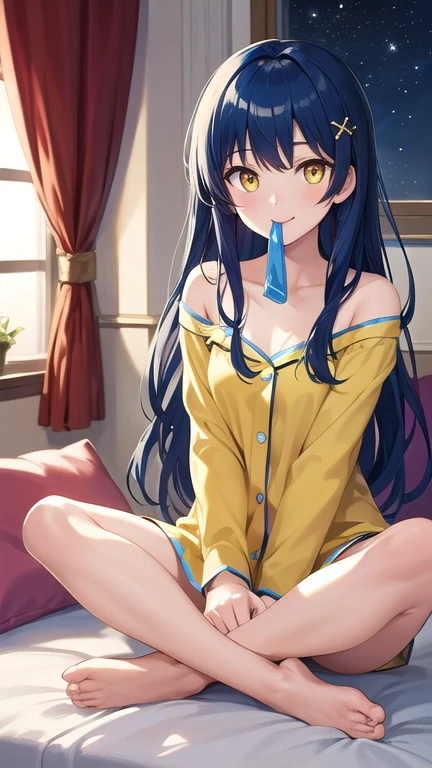 (masterpiece, Highest quality, detailed), One girl, alone, View your viewers, Long Hair, Blue Hair, Twin Blade, hair ornaments, Yellow Eyes, Hair that falls over the shoulders, pajamas, indoor, Bedroom, Indian Style, Put your hands on your feet, barefoot, window, Night Sky, pillow, Messy room, On the bed, smile, Mouth closed