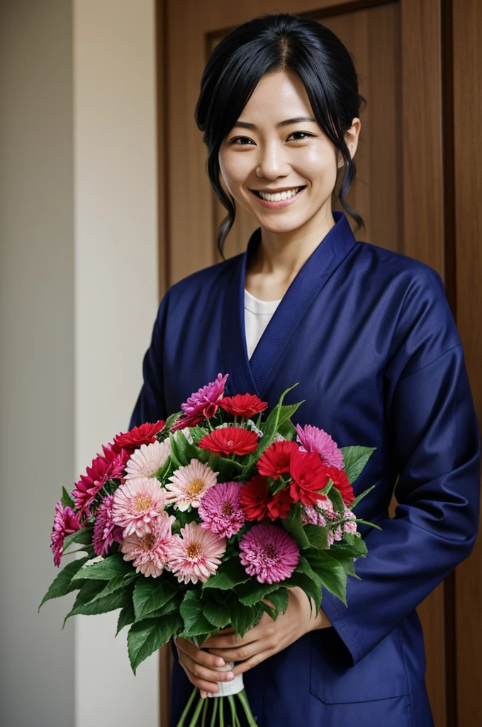 Megumi from jujutsu kaisen smiling with some flowers as a gift