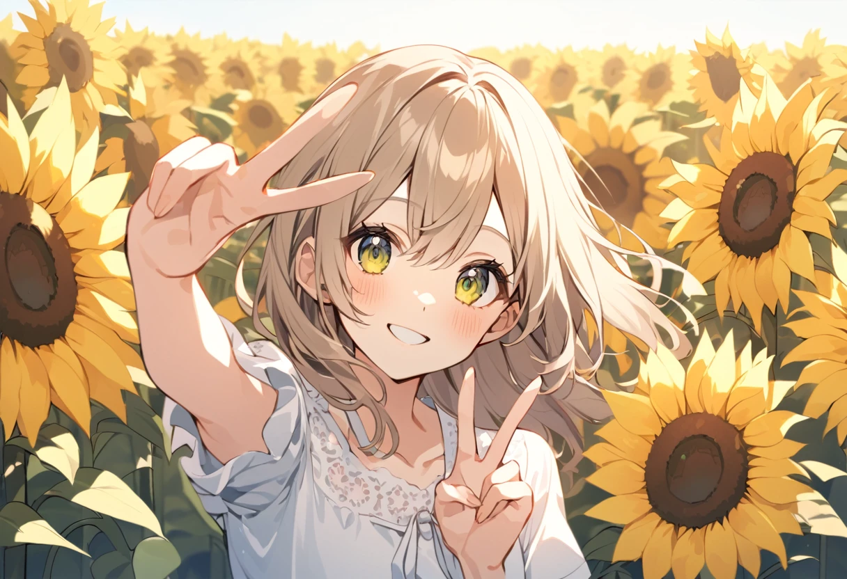 high resolution、Selfie style、peacea_sign、Extend your left hand towards the viewer、Right hand peace sign、Sunflower field、One girl,Upper Body,smile,I&#39;m laughing so hard my eyes are closing,A big smile,Black Hair,long,Shiny Hair