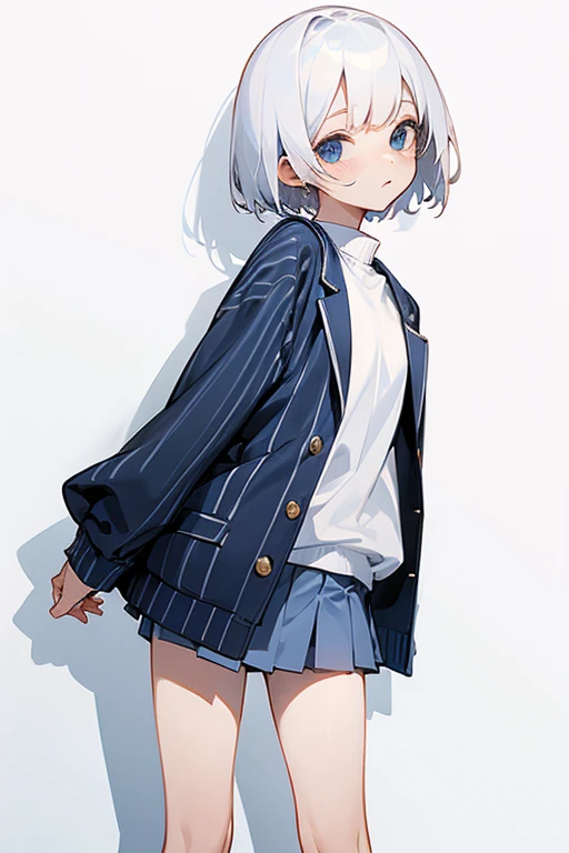 Short white hair, 、White shirt、Navy blue striped jacket、Cute Skirt、Embarrassing、Background is white、