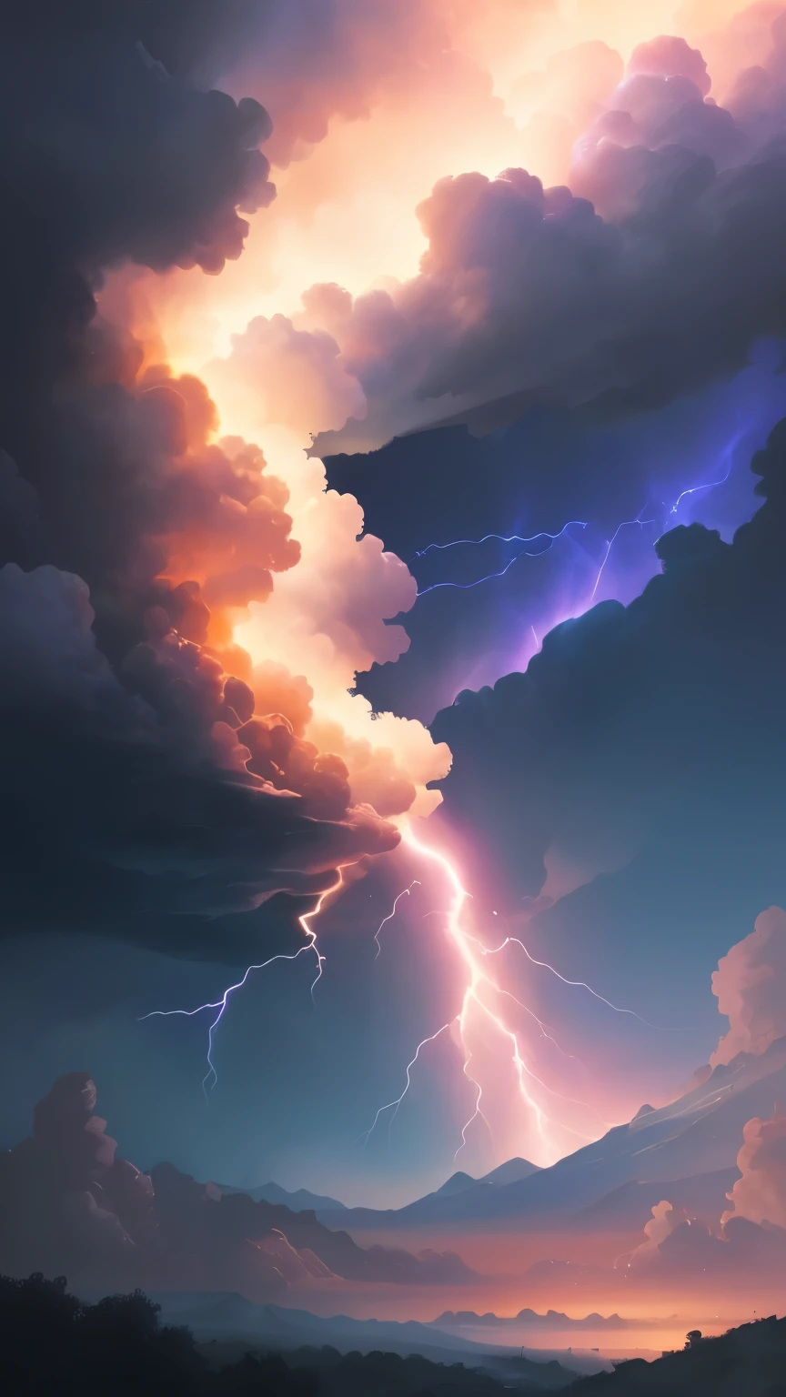 ((best quality)), ((masterpiece)), (detailed), A digital illustration of a rainbow lightning in a dark blue sky with small peach color birds flying in the background