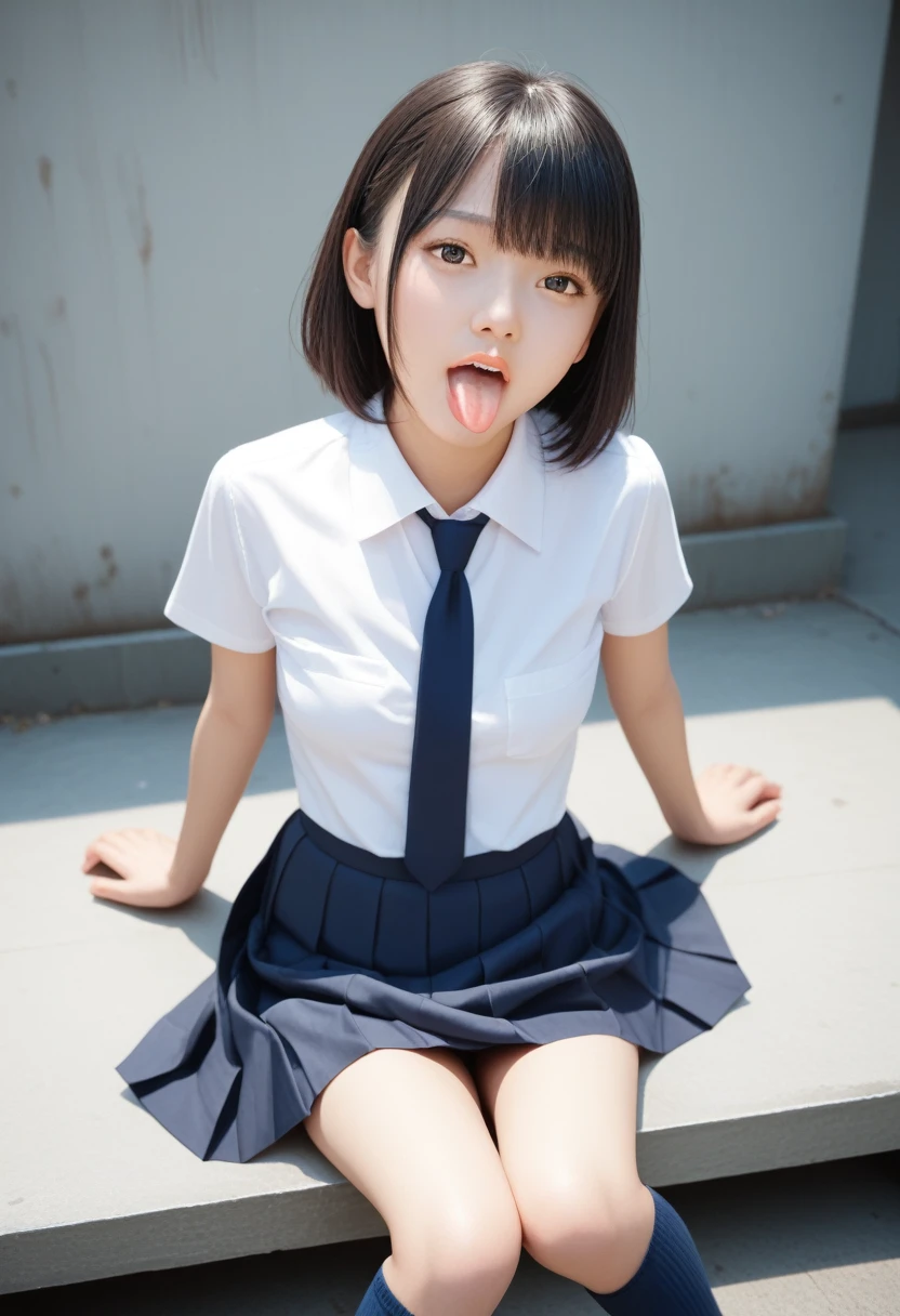 ,collared shirt,Short sleeve,pleated skirt,tie,Navy blue socks,(open mouth:1.5),(tongue out:2),dim,stage,sit,Alley,skirt lift,lifted by self,panties,front view,cowboy shot,from above,(1girl,Beautiful 14 year old girl,teenager),((Slender,Small breasts,Small face,)),(looking at viewer),Black Hair,bangs,straight,Beautiful and detailed