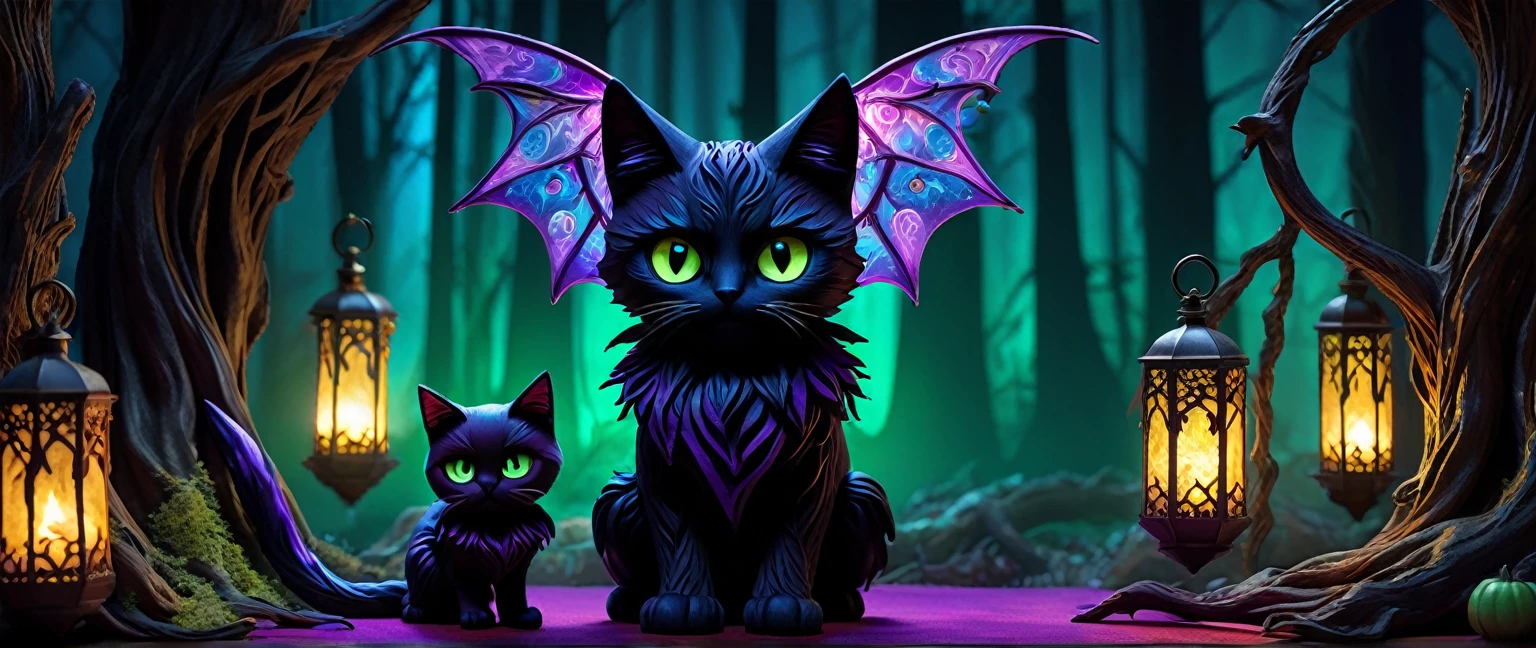 (knitted toy voodoo familiars:1.3), (Voodoo familiars banner:1.5), (multiple familiars:1.2), (Clothing: intricate mystical patterns, dark flowing fabrics, enchanted accessories:1.2), (Familiars: bat with glowing wings, unicorn with spectral horn, black cat with eerie eyes, dog with ghostly aura, raccoon with sinister grin, owl with glowing eyes:1.3), (background: haunted forest with floating, glowing mist, twisted trees, spectral lights, eerie shadows:1.5), (lighting: ethereal glow, mystical luminescence, contrasting dark shadows:1.2), (colors: vibrant yet dark, rich purples, deep blacks, luminous greens, and haunting blues:1.2), (atmosphere: mesmerizing, magical, darkly enchanting, terrifyingly beautiful:1.5), best quality, masterpiece, detailed soft oil painting, detailed background, dramatic cinematic lighting, soft edge lighting, professional, dramatic lighting, hard edge lighting, ultra quality, 4k, masterpiece, best quality, 8k, ultra high definition, high resolution, extremely detailed