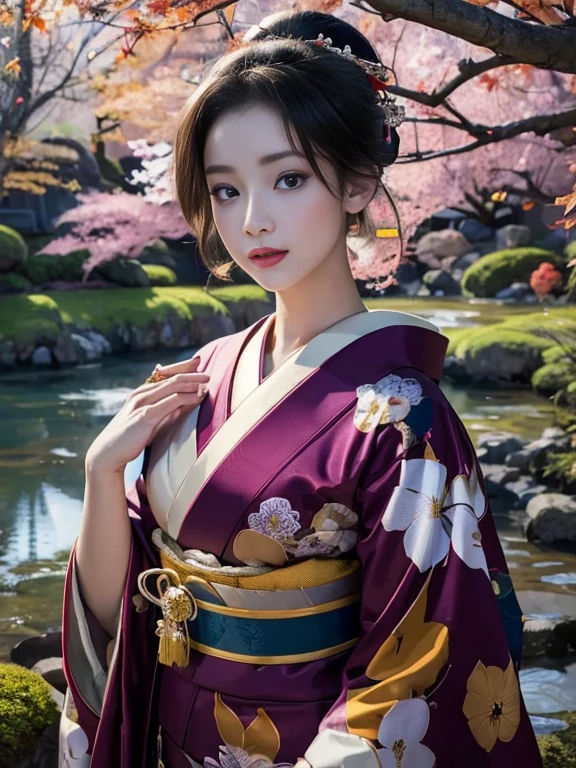 (Highest quality、 8k 、masterpiece、High resolution)、 Japanese painting、Vibrant colors、A woman wearing a kimono、Ample breasts、(Highly detailed face and eyes,Beautiful Face,Beautiful Eyes,Beautiful nose,Pretty lips)、Dynamic painting technique、Japanese garden、Autumn scenery、autumn leaves、Night Sky、moonlight、Detailed Description、