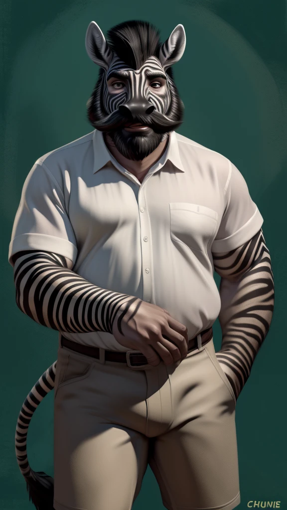 by chunie by catsudon by retros, male,upset,((annoyance)),((middle aged male)),((Bearded)),((Mustache)), equid, solo,(musuclar), ((Zebra,tail)),(Black hair), facial hair, facing viewer, ((Highly detailed face)), (((daddy Figure))), ((smilling)), green abstract background, ((white shirt)),((short pants)),((((wise)))),((DILF)),
