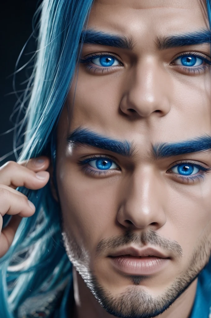 A handsome man like a Chinese star, blue hair, blue eyes, blue eyelashes.