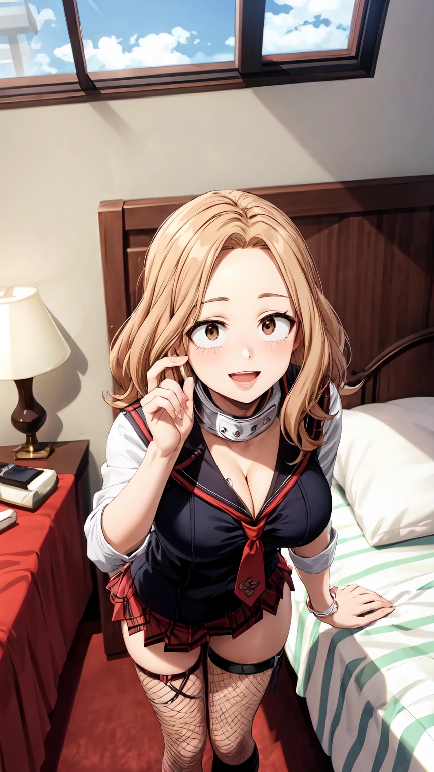 Masterpiece ,best quality , high resolution , ultra detail , (face view , look at view) , (wide angle , ultra detail eyes , perfect face , ultra detailed hair and face) , (1 girl solo:1.3) , (Camie , brown hair , brown eyes) , (wear sailor , tie ,  thigh strap , miniskirt , fishnet stockings , Fishnet socks) , (standing:1.25) ,  (cleavage:1.3) , (medium breast:1.3) , ( full face blush , shy , smile , open mouth) , (indoor, bedroom, windows , bed )