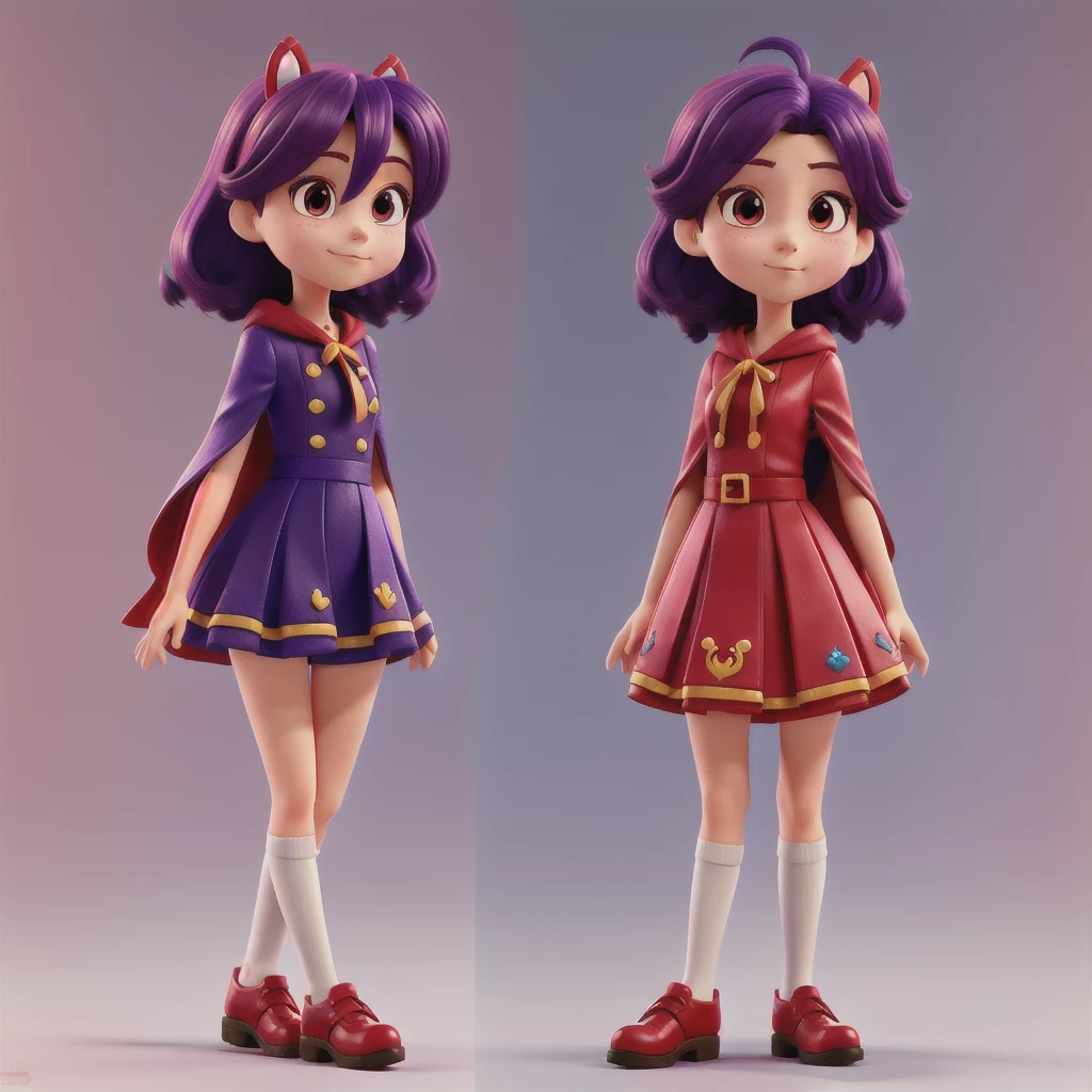 a close up of four images of a girl purple hair in a different red cape dress with the same simple pose, 1style character, anime styled 3d, render of a cute 3d anime girl, stylized anime, stylized character, 3 d render stylized, high quality character design, stylized character design, cute cartoon character, 3d characters, anime stylized, animation character, cute 3 d render