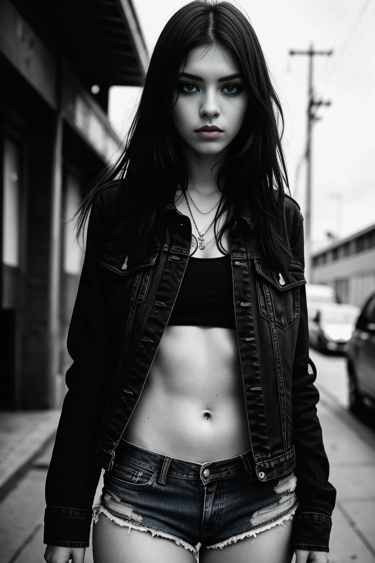 a beautiful 18 year old slim and sexy woman, emo girl, black dress, denim shorts, detailed face, long eyelashes, intricate makeup, moody expression, cinematic composition,  grungy urban environment