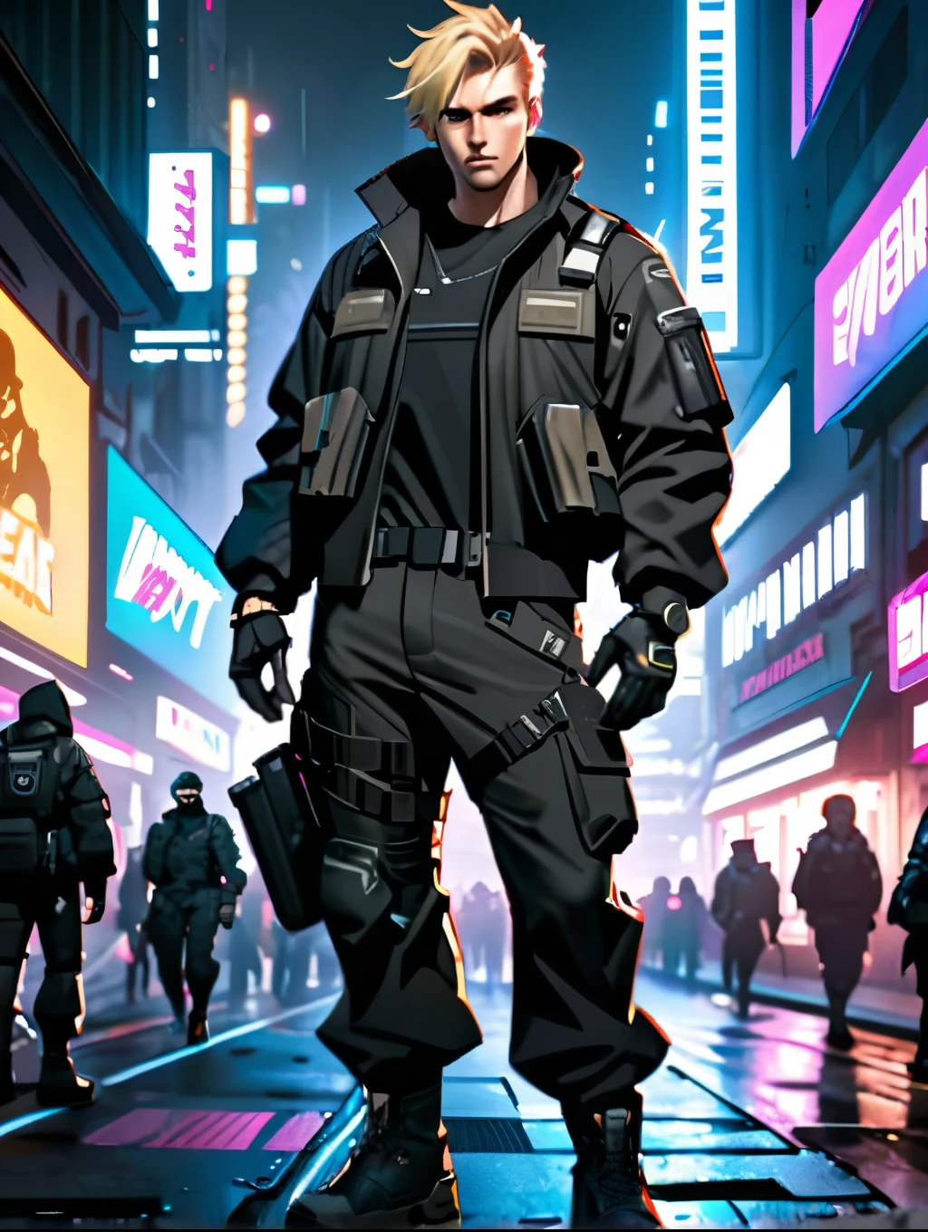 1male, blond-haired man in military uniform, cyberpunk street goon, hyper-realistic cyberpunk style, jetstream sam from metal gear, techwear look and clothes, cyberpunk streetwear, cyberpunk soldier, young blonde boy fantasy thief, soldier outfit, wearing techwear and armor, wearing japanese techwear, soldier 7 6 from overwatch, wearing cyberpunk streetwear, green eyes. ((Character Sheet Full-Length)). ((Solo, solo focus)).