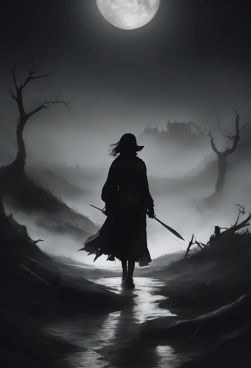 creepy style heart of the Black Desert, solvent woman, shrouded in shadows, costs, One, her form a deeper shade within the all-encompassing Darkness, проведение таинственного a ritualа, known only to her, moving with precision and grace through thick, tangible obscurity, surrounds it, a ritual, paving the paths of emptiness into emptiness itself, huge harvest moon in the background, moon light filters through the Darkness illuminating her form, crows gather around her, attracted by the mysterious aura of this invisible sculptor., style by Russ Mills and Tyler Shields. SimplePositiveXLv2, . Dark, Gothic, gloomy, pursuing, very detailed,