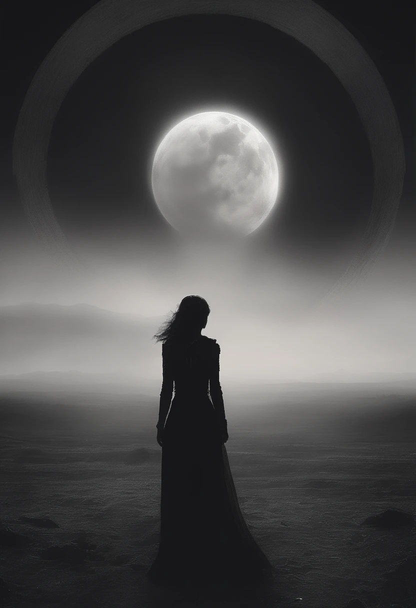 creepy style heart of the Black Desert, solvent woman, shrouded in shadows, costs, One, her form a deeper shade within the all-encompassing Darkness, проведение таинственного a ritualа, known only to her, moving with precision and grace through thick, tangible obscurity, surrounds it, a ritual, paving the paths of emptiness into emptiness itself, huge harvest moon in the background, moon light filters through the Darkness illuminating her form, crows gather around her, attracted by the mysterious aura of this invisible sculptor., style by Russ Mills and Tyler Shields. SimplePositiveXLv2, . Dark, Gothic, gloomy, pursuing, very detailed,