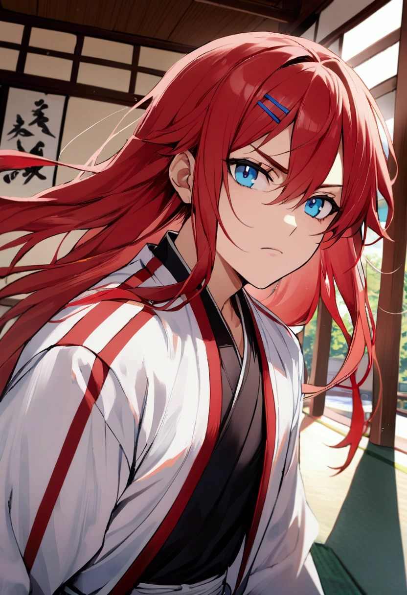 1boy, Karate clothes, martial art clothes, red hair, long hair, blue Eyes, hairclip, dojo background