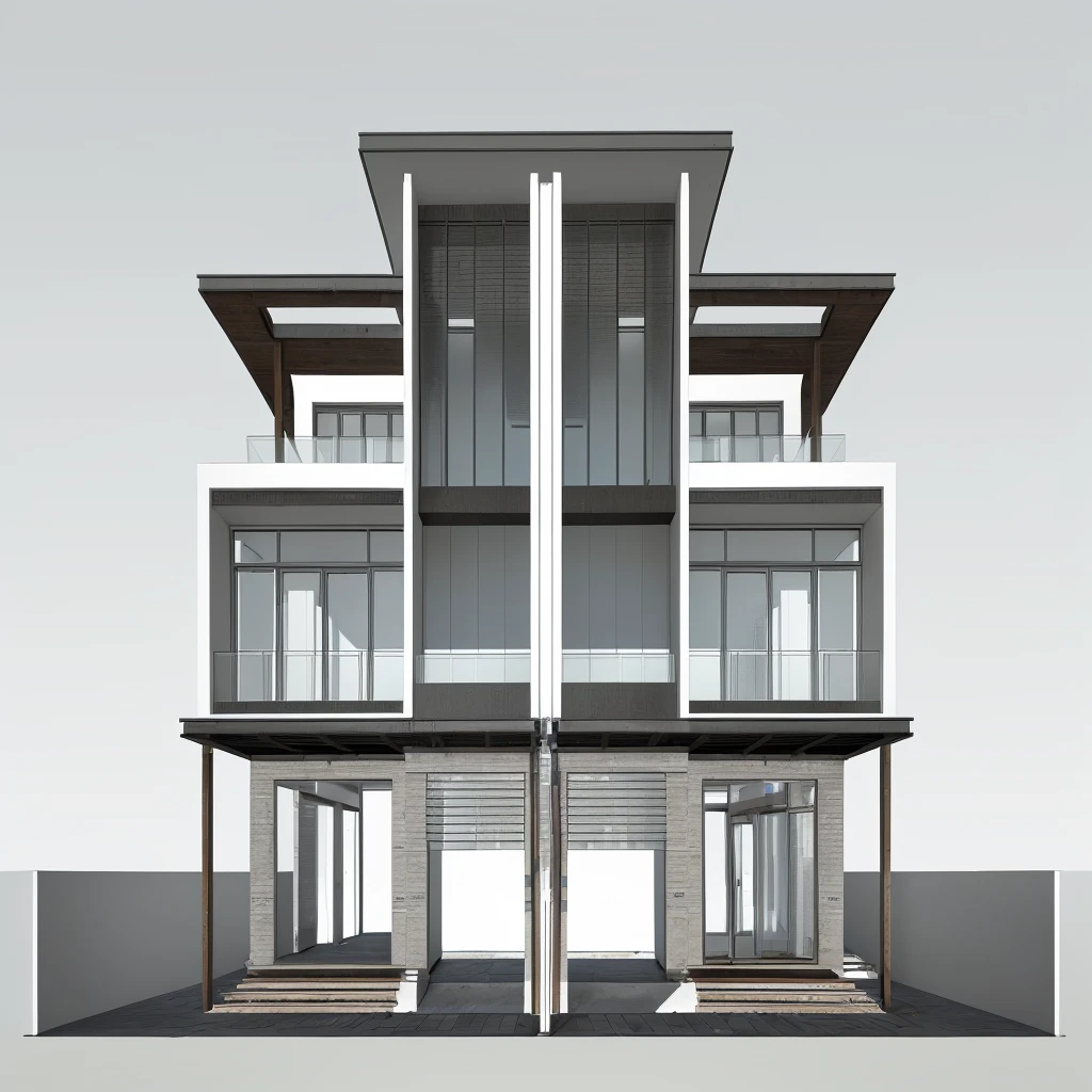 un rendu d'une maison à deux étages avec un balcon et un balcon, vue de face, vue de face, front vue en élévation, perspective de face, vue de face, élévation avant, vue de face dramatic, vue en élévation, vue médiane, symmetrical vue de face, design extérieur, face avant, face avant views full, bâtiment faisant face, 3/4 vue de face