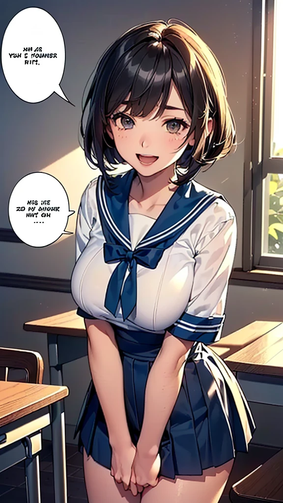 (:1.38),(14 Y8),(young Woman:1.66),(Masterpiece:1.21),(FHD),(16K),(Top Quality:1.24),(Super Resolution),(Super Illustration),(Best Shadow),(High Quality),(Super Detail:1.15), Elaborate,(1 Woman),(Japanese girl:1.1),(black hair:1.21),(big breasts:1.13),(middle hair, bob cut, straight hair, copper tone hair, swept bangs, brown eyes, drooping eyes, big eyes, long eyelashes), (Very dark room:1.76)),(((Middle School))),(Classroom in),((white Sailor uniform, white blouse, navy ribbon,black pleated skirt,white socks,black loafers)),(cartoon speech bubble:1.33),(open one's mouth:1.22),(to talk:1.2), (lovely smile, upper eyes)