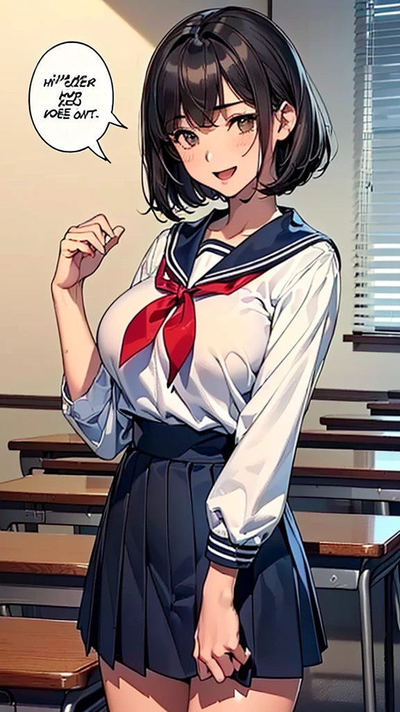 (loli:1.38),(14 Years Old:1.68),(young Woman:1.66),(Masterpiece:1.21),(FHD),(16K),(Top Quality:1.24),(Super Resolution),(Super Illustration),(Best Shadow),(High Quality),(Super Detail:1.15), Elaborate,(1 Woman),(Japanese girl:1.1),(black hair:1.21),(big breasts:1.13),(middle hair, bob cut, straight hair, copper tone hair, swept bangs, brown eyes, drooping eyes, big eyes, long eyelashes), (Very dark room:1.76)),(((Middle School))),(Classroom in),((white Sailor uniform, white blouse, navy ribbon,black pleated skirt,white socks,black loafers)),(cartoon speech bubble:1.33),(open one's mouth:1.22),(to talk:1.2), (lovely smile, upper eyes)