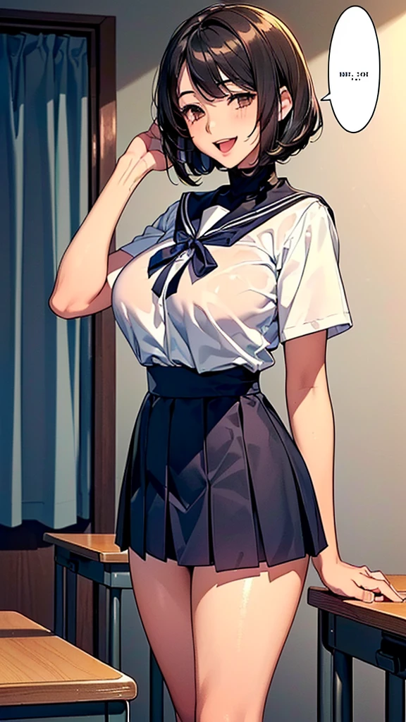 (loli:1.38),(14 Years Old:1.68),(young Woman:1.66),(Masterpiece:1.21),(FHD),(16K),(Top Quality:1.24),(Super Resolution),(Super Illustration),(Best Shadow),(High Quality),(Super Detail:1.15), Elaborate,(1 Woman),(Japanese girl:1.1),(black hair:1.21),(big breasts:1.13),(middle hair, bob cut, straight hair, copper tone hair, swept bangs, brown eyes, drooping eyes, big eyes, long eyelashes), (Very dark room:1.76)),(((Middle School))),(Classroom in),((white Sailor uniform, white blouse, navy ribbon,black pleated skirt,white socks,black loafers)),(cartoon speech bubble:1.33),(open one's mouth:1.22),(to talk:1.2), (lovely smile, upper eyes)