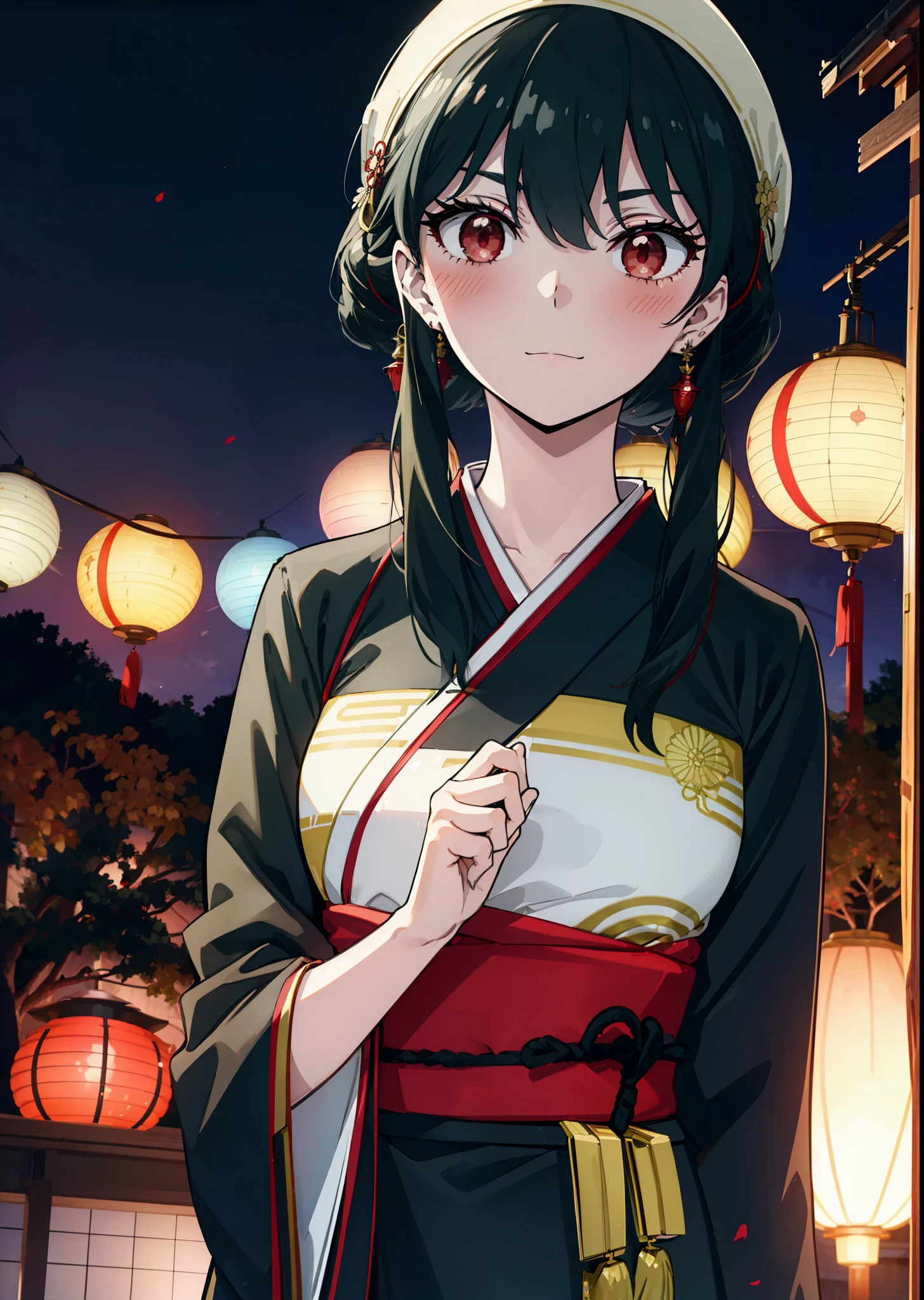 Yorbraia, Yor Briar, Black Hair, (Red eyes:1.5), Earrings, gold hair band, hair band,,smile,blush, Long Hair, Side Lock, (Mid-chest:1.2),Flower Hair Ornaments,black kimono,The place is a fireworks display,Time is night,Japanese Festivals，Summer festival food stalls、Red lantern　　　　　　　break　outdoors,shrine,
break looking at viewer, whole body,
break (masterpiece:1.2), Highest quality, High resolution, unity 8k wallpaper, (shape:0.8), (Beautiful attention to detail:1.6), Highly detailed face, Perfect lighting, Extremely detailed CG, (Perfect hands, Perfect Anatomy),