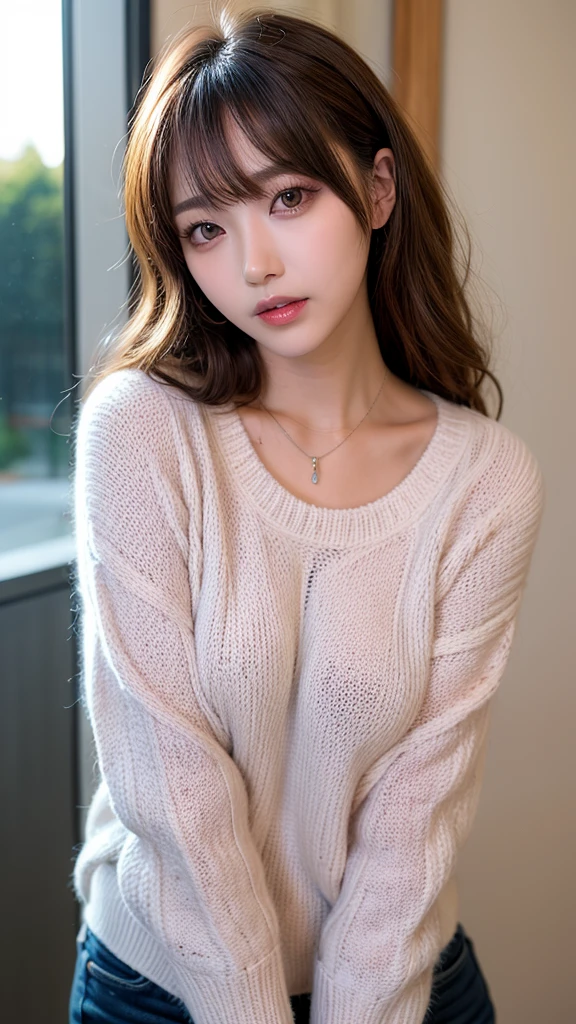 Canon RF85mmf/1.2、masterpiece、Highest quality、Ultra-high resolution、VC、1 girl、(Korean mixed race、K-Popアイドル:1.2)、one person、white_Shiny skin、iris、necklace、((Brown long wavy hair))、((Shiny pink lips))、eyelash、bangake、compensate、Shiny、pores、Skin Texture、bracelet、Mid-chest、White knit sweater
