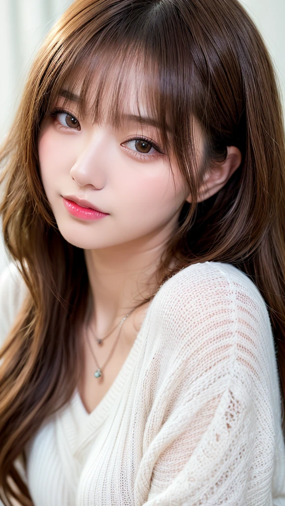 Canon RF85mmf/1.2、masterpiece、Highest quality、Ultra-high resolution、VC、1 girl、(Korean mixed race、K-Popアイドル:1.2)、one person、white_Shiny skin、iris、necklace、((Brown long wavy hair))、((Shiny pink lips))、eyelash、bangake、compensate、Shiny、pores、Skin Texture、bracelet、Mid-chest、White knit sweater