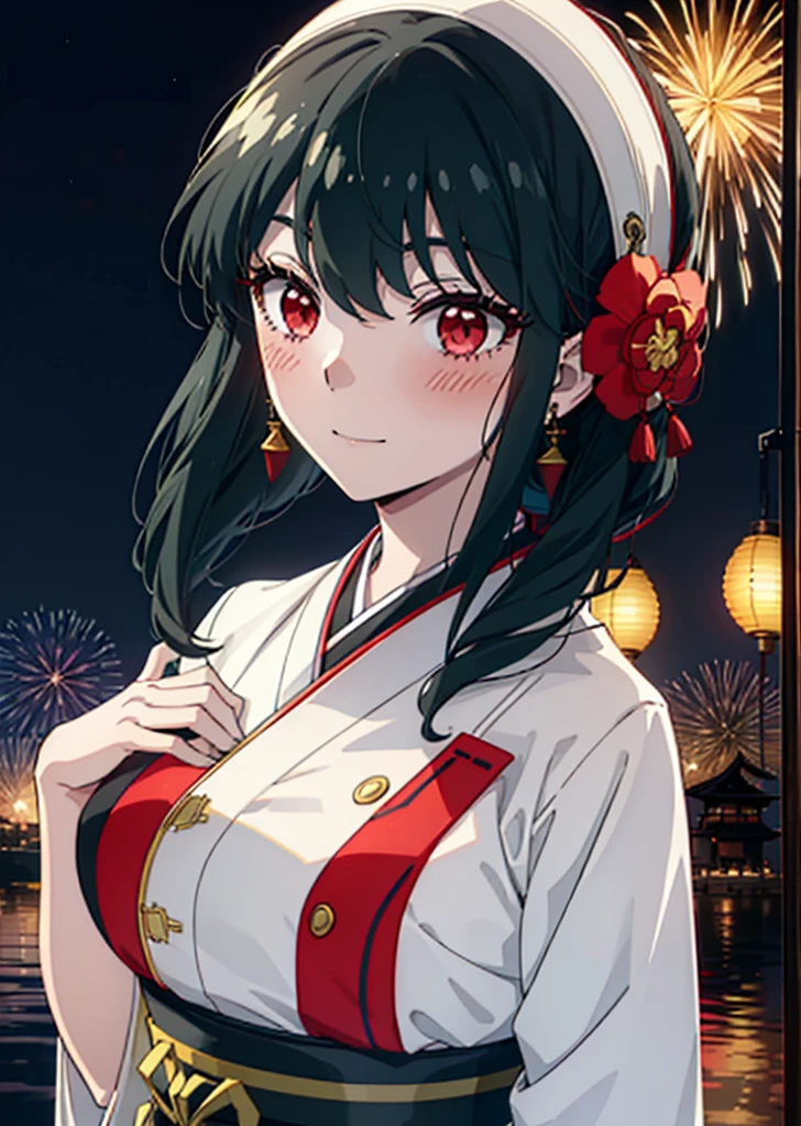 Yorbraia, Yor Briar, Black Hair, (Red eyes:1.5), Earrings, gold hair band, hair band,,smile,blush, Long Hair, Side Lock, (Mid-chest:1.2),Flower Hair Ornaments,black kimono,The place is a fireworks display,Time is night,Japanese Festivals，Summer festival food stalls、Red lantern　　　　　　　break　outdoors,shrine,
break looking at viewer, whole body,
break (masterpiece:1.2), Highest quality, High resolution, unity 8k wallpaper, (shape:0.8), (Beautiful attention to detail:1.6), Highly detailed face, Perfect lighting, Extremely detailed CG, (Perfect hands, Perfect Anatomy),