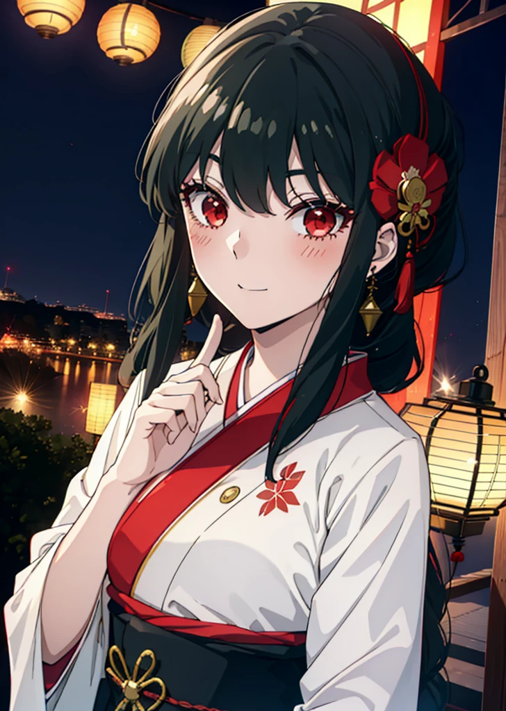 Yorbraia, Yor Briar, Black Hair, (Red eyes:1.5), Earrings, gold hair band, hair band,,smile,blush, Long Hair, Side Lock, (Mid-chest:1.2),Flower Hair Ornaments,black kimono,The place is a fireworks display,Time is night,Japanese Festivals，Summer festival food stalls、Red lantern　　　　　　　break　outdoors,shrine,
break looking at viewer, whole body,
break (masterpiece:1.2), Highest quality, High resolution, unity 8k wallpaper, (shape:0.8), (Beautiful attention to detail:1.6), Highly detailed face, Perfect lighting, Extremely detailed CG, (Perfect hands, Perfect Anatomy),