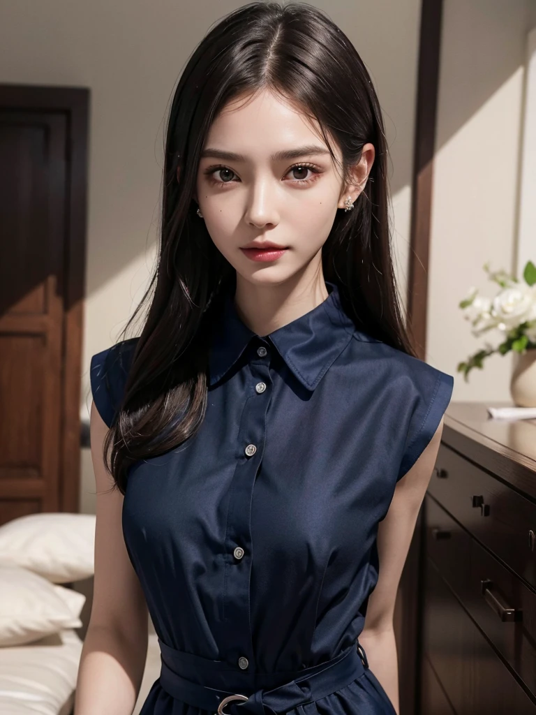 absurdres, RAW photo, extremely delicate and beautiful, masterpiece, Best Quality, ultra high resolution, 32k, hyperrealistic, ultra-detailed, perfect anatomy, anatomically correct, perfect figure, Perfect Style, Perfect balance, super Detailed skin, in her 30s, very Slim body, narrow waist, very small head, very small face, delicate facial features, handsome detailed woman, very detailed eyes and face, realistic face proportions, Realistic beautiful face, Realistic beautiful eyes, tearful mole, earring, huge round tits, (full body shot:1.2), whole legs, medium hair, dark blonde hair, asymmetrical hair, indoor, (collared navy button shirt dress, sleeveless:1.2),