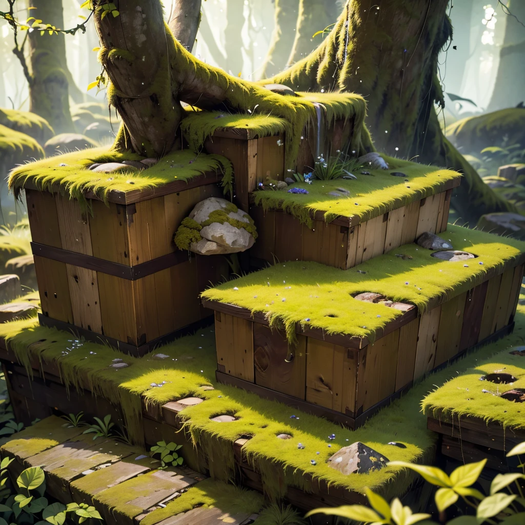 a large wooden box overgrown with moss and plants on a rocky area with grass