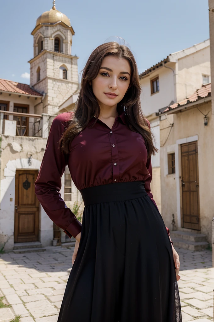 Kosovo, belle femme, smirk, ((tenue traditionnel au couleur du Kosovo)), dans la ville de Pristina, jolie visage, beau corps