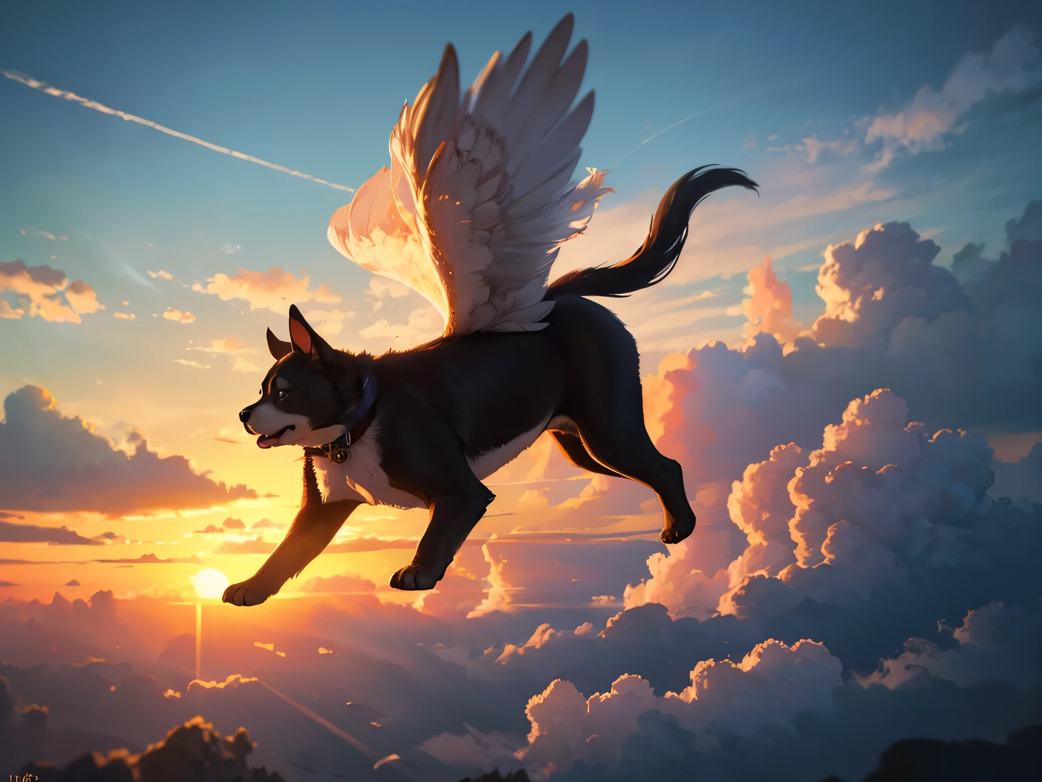 a puppy flying in the sky, cute puppy, adorable puppy, puppy soaring through the air, puppy with wings, puppy levitating, puppy anti-gravity, puppy in the clouds, magical puppy, fantasy puppy, surreal puppy, dreamy puppy, ethereal puppy, (best quality,4k,8k,highres,masterpiece:1.2),ultra-detailed,(realistic,photorealistic,photo-realistic:1.37),digital painting,cinematic lighting,vibrant colors,dramatic lighting,glowing puppy