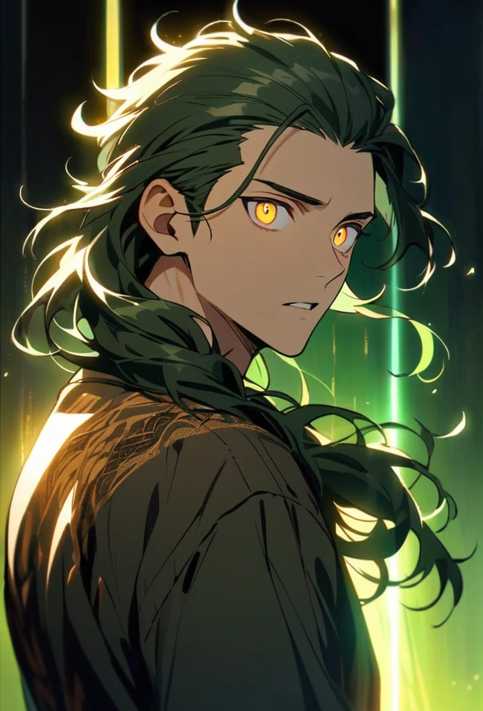 Handsome, solo, 1 man, dark green hair, yellow eyes, 1 man, handsome, male, long hair, detailed, Hair Slicked Back, Messy Hair, Hair Over Shoulder, Glowing Light, Bright Pupils, Wide-Eyed, Amber Eyes, confidence