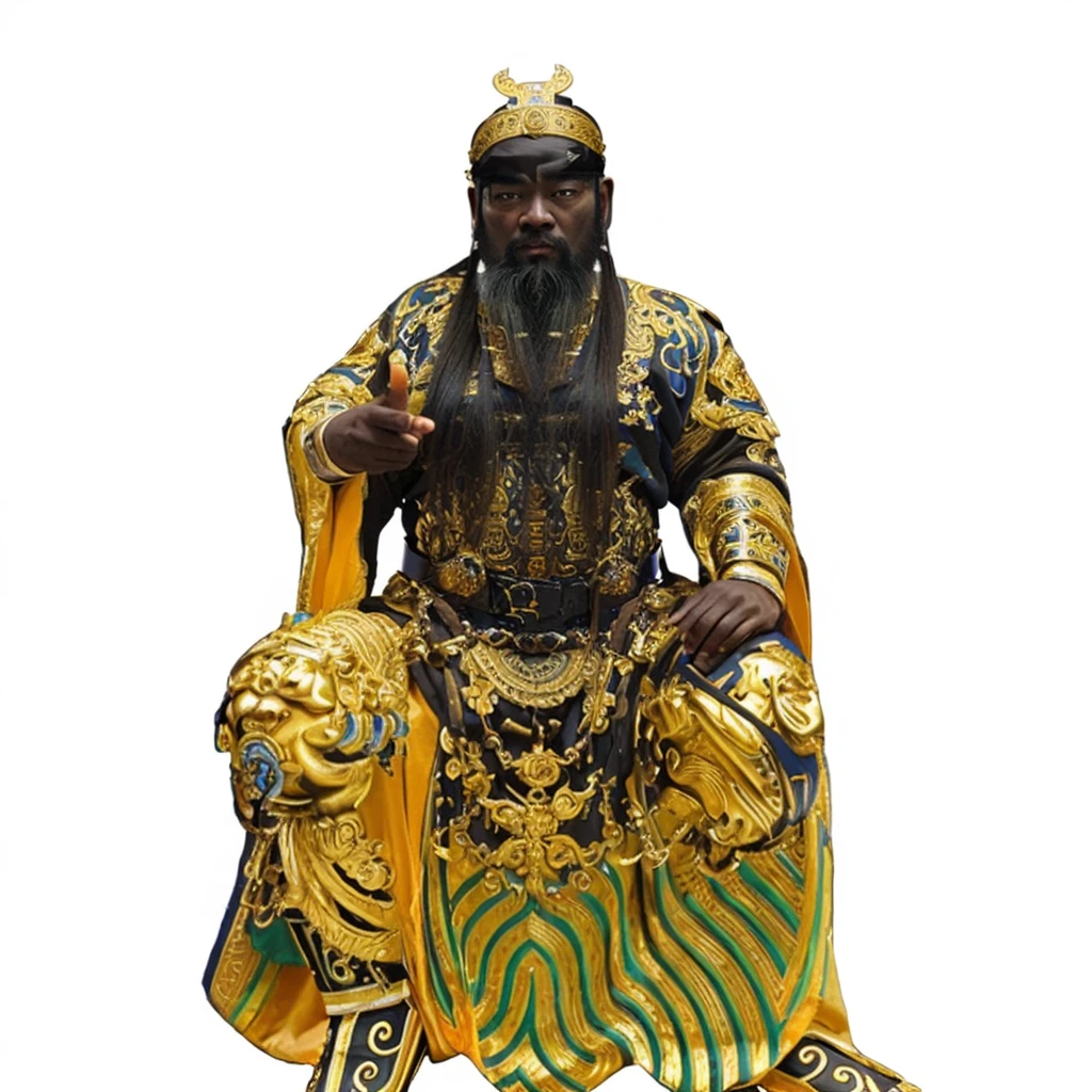 a black skin ancient chinese emperor, silky soft emperor rob, big eyes, thick eyebrow, holding a dark blue belt, taoist priest, long beard, empty forehead, bald