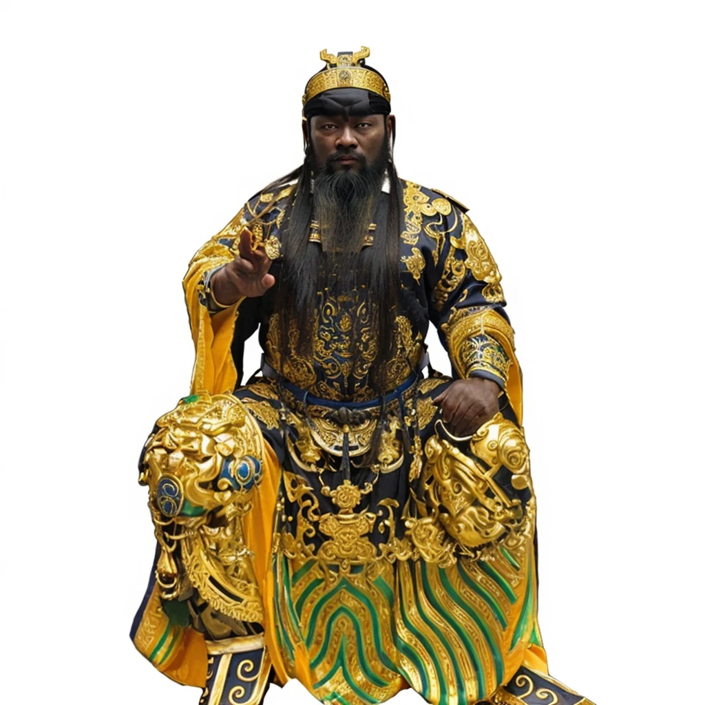 a black skin ancient chinese emperor, silky soft emperor rob, big eyes, thick eyebrow, holding a dark blue belt, taoist priest, long beard, empty forehead, bald