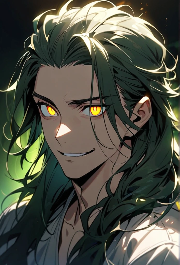 Handsome, solo, 1 man, dark green hair, yellow eyes, 1 man, handsome, male, long hair, detailed, Hair Slicked Back, Messy Hair, Hair Over Shoulder, Glowing Light, Bright Pupils, Smirk, Wide-Eyed, Evil Smile, Amber Eyes,