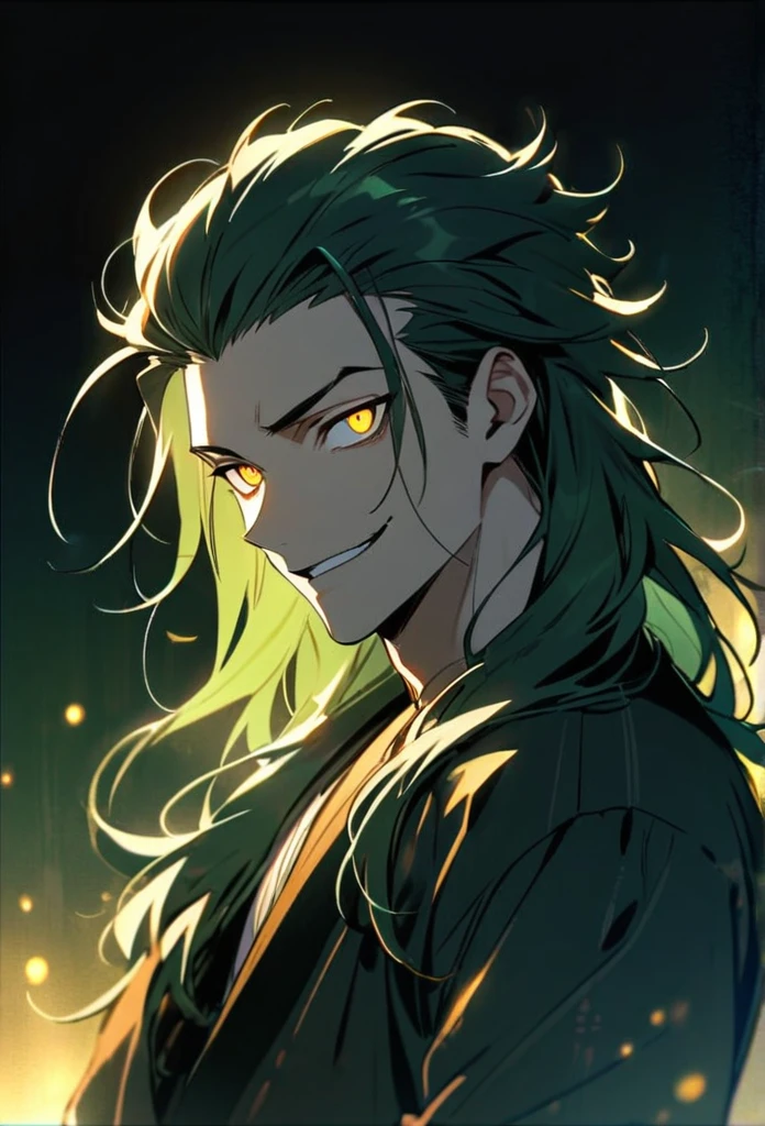 Handsome, solo, 1 man, dark green hair, yellow eyes, 1 man, handsome, male, long hair, detailed, Hair Slicked Back, Messy Hair, Hair Over Shoulder, Glowing Light, Bright Pupils, Smirk, Wide-Eyed, Evil Smile, Amber Eyes, 