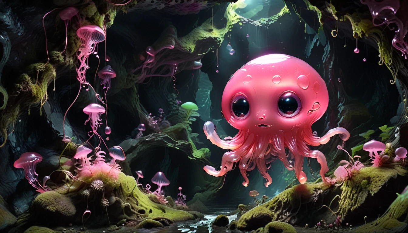 A stunning 3D scene,In a dark cave,There is a cute pink jelly alien creature,It floats in the air,It has big, bright eyes,It has an innocent and curious expression,The body emits a soft pink glow,There is open space around。Far away from it, there is a cave wall covered with glowing moss.。