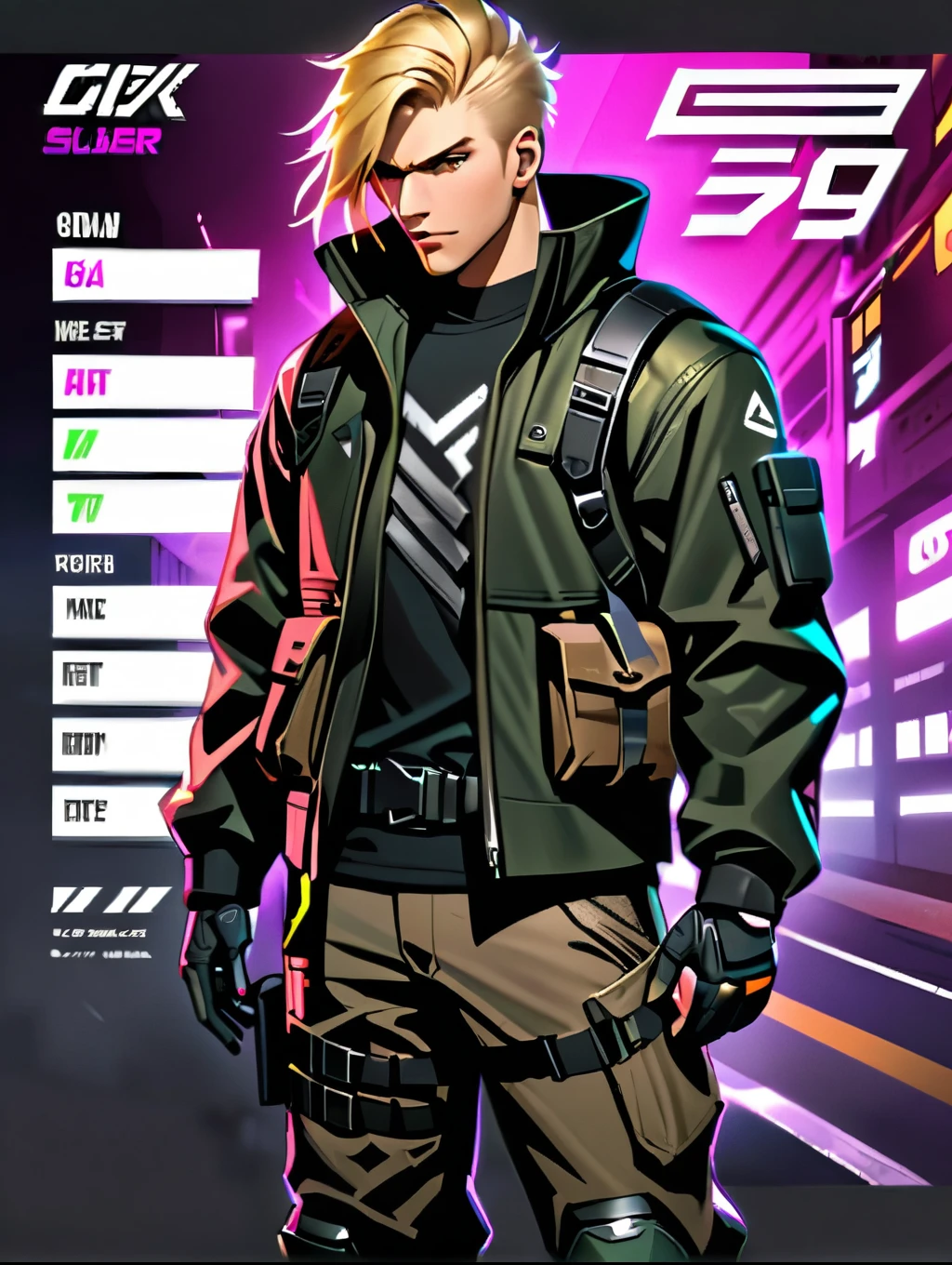 1male, blond-haired man in military uniform, cyberpunk street goon, hyper-realistic cyberpunk style, jetstream sam from metal gear, techwear look and clothes, cyberpunk streetwear, cyberpunk soldier, young blonde boy fantasy thief, soldier outfit, wearing techwear and armor, wearing japanese techwear, soldier 7 6 from overwatch, wearing cyberpunk streetwear, green eyes. ((Character Sheet Full-Length)). (Solo, solo focus).